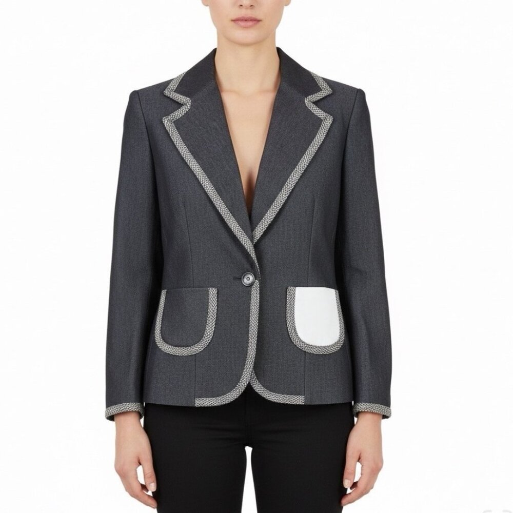 Donna Rae Womens Black Cotton Blend Jacket Textured Trim Single Button Size 10